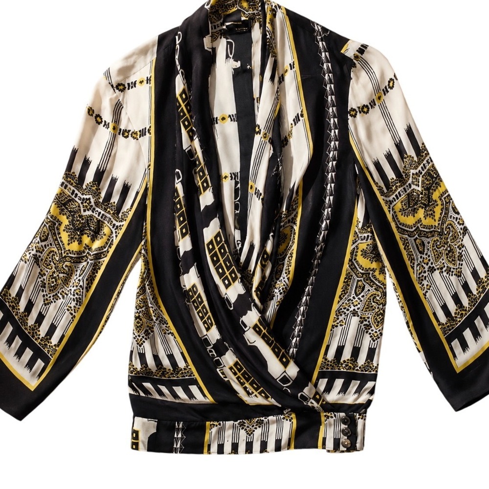 Etro Silk Wrap Blouse 42 Black Yellow Paisley Geometric Draped Neckline Banded
